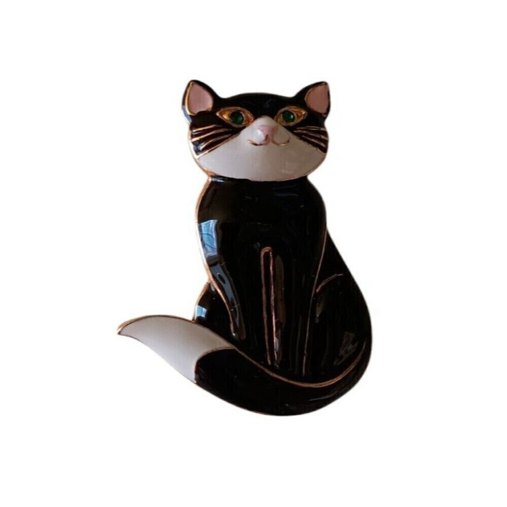 Cat Brooch Pin Black White Retro Look Metal with Enamel Goldtone Base Signed - Picture 2 of 6